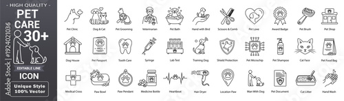 Pet care and veterinary line icon set. Including editable outline animal, pets, healthcare, medical, grooming, vet clinic elements and more collection. Editable stroke. Vector illustration
