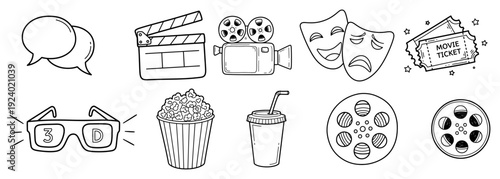 Collection of hand drawn cinema and movie theater doodle icons