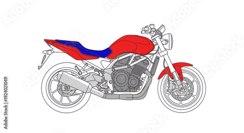 Modern motorcycle illustration side view of red and blue colored bike