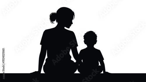 Silhouette of mother and child sitting together holding hands back view white background
