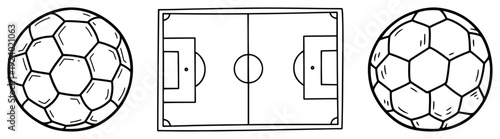Hand drawn soccer balls and football field pitch sketch