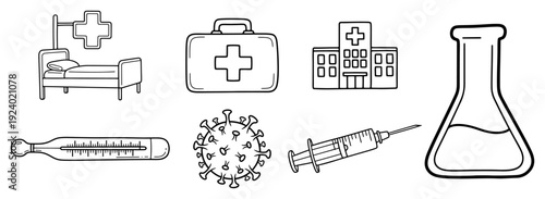 Collection of hand drawn medical and hospital equipment icons