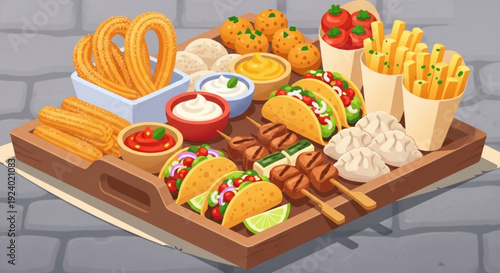 Colorful fast food assortment on wooden tray with tacos fries onion rings and dipping sauces on gray brick background
