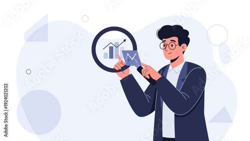 Man analyzing financial graph with magnifying glass, business growth concept