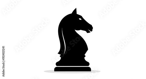 Black Chess Knight Icon with Shadow on White Background