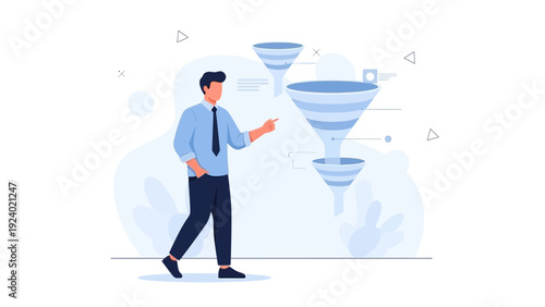 Businessman with sales funnel illustration, marketing concept, data analysis, business strategy