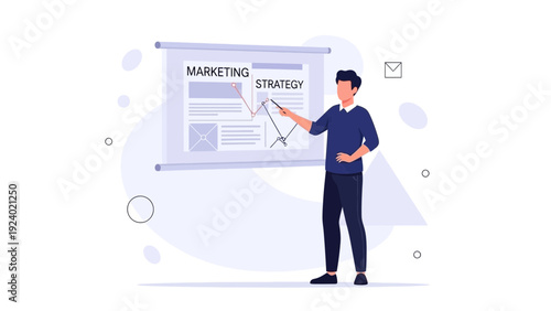 Man presenting marketing strategy graph on whiteboard