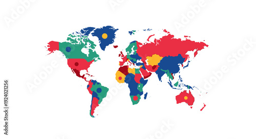 Colorful world map illustration with dots representing global connectivity