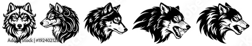 Set of wild wolf head illustrations in tattoo style