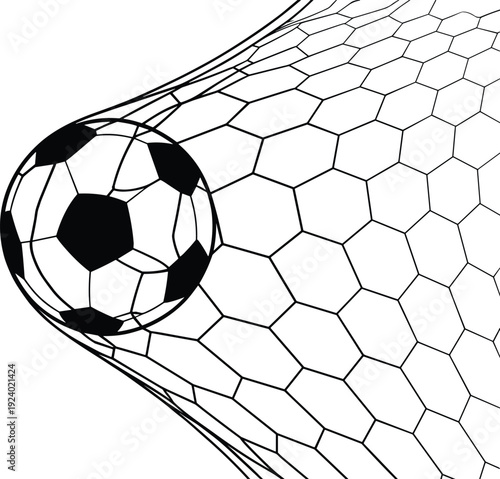 Soccer ball hitting goal net illustration, football scoring moment vector, sports action concept isolated white background design