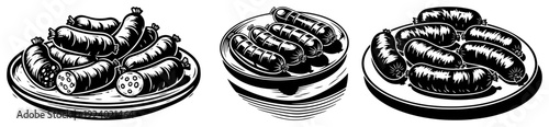 Hand drawn grilled sausage meat platters in vintage woodcut style