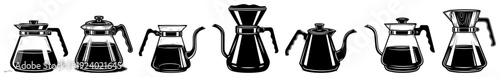Collection of coffee brewing pots and pour over kettles illustrations