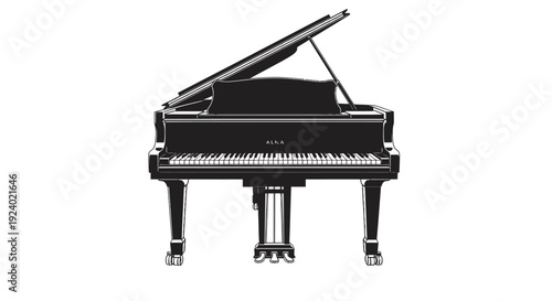 Elegant black grand piano illustration isolated on white background