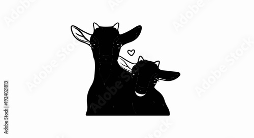 Two black goats, one larger than the other, embrace tenderly, a heart floats nearby
