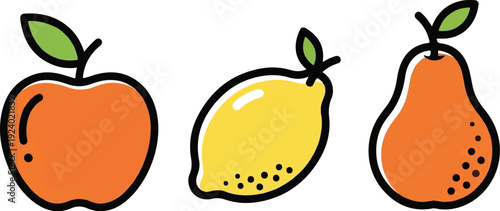 Three simple cartoon fruits an orange apple, a yellow lemon, and an orange pear