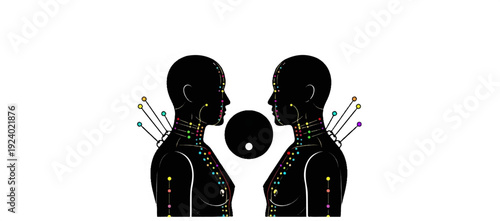 Two black silhouettes of human torsos with acupuncture points marked in color