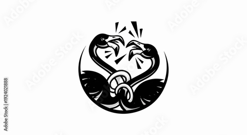 Two stylized black flamingos with their necks intertwined, facing each other