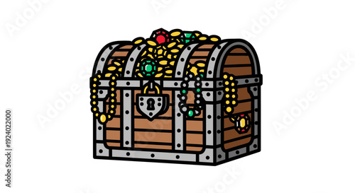 Treasure chest overflowing with gold and gems against a white background