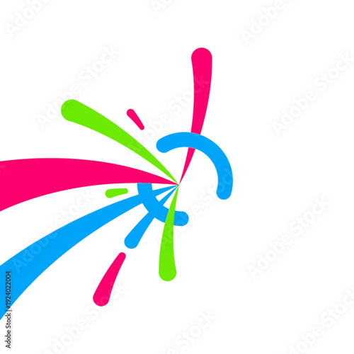 Abstract colorful splashes of paint exploding from a center point on a white background, dynamic motion