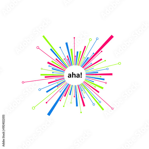 Abstract 'aha!' moment illustration, a dynamic explosion of colorful lines symbolizing creative insight, new ideas, innovation, and sudden discovery. Vector art.