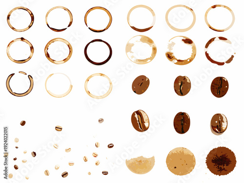 Assorted coffee rings grounds and beans arranged on a white background