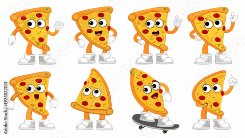 Animated pizza slices with faces and limbs in a playful arrangement