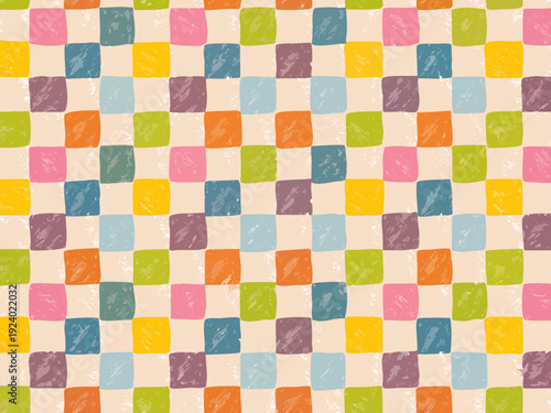 Colorful checkerboard pattern with hand drawn pastel toned squares