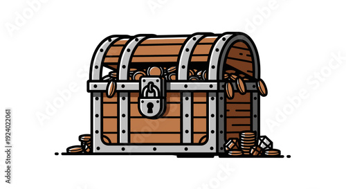 Treasure chest overflowing with gold coins isolated on white background