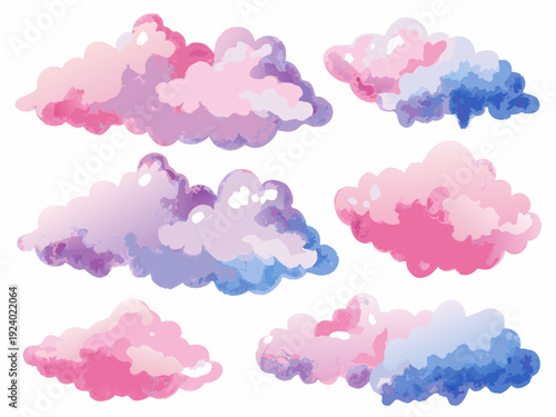 Watercolor clouds in shades of pink purple and blue float on white