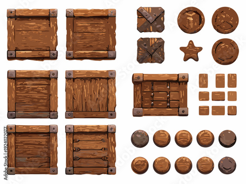 Collection of wooden crates coins and star shaped game assets