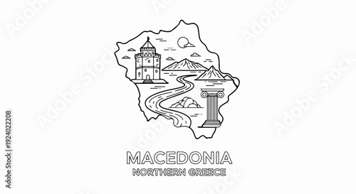 Stylized map of Macedonia, Northern Greece, with landmarks