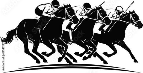 Three jockeys in a horse race, captured in a dramatic black and white graphic