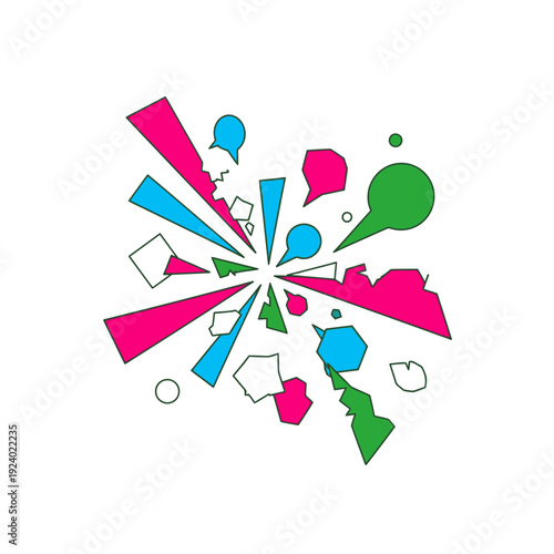 Abstract explosion of colorful geometric shapes and speech bubbles representing communication and ideas