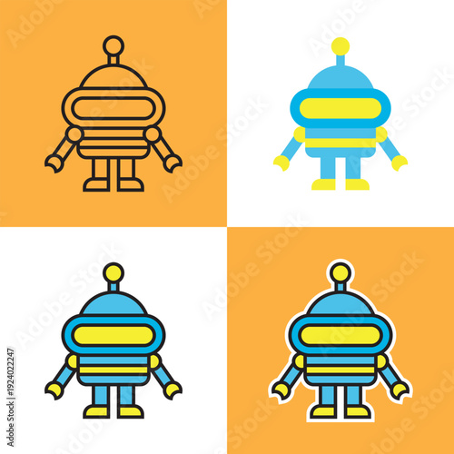Robot Character Set with Line, Flat and Sticker Styles
