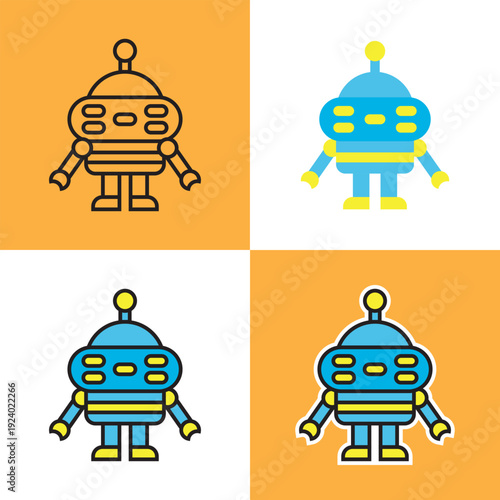 Robot Character Set with Line, Flat and Sticker Styles