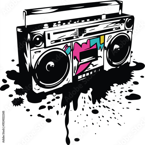 Retro boombox stereo with vibrant graffiti stands amidst a splatter of black liquid drops elegantly