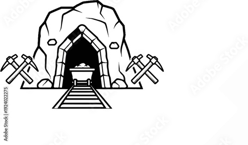 Stylized mine entrance with cart, tracks, and crossed pickaxes