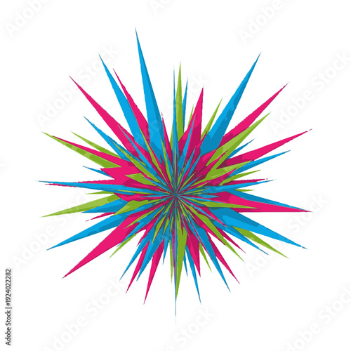 Abstract explosion of colorful sharp spikes in cyan, magenta, and green against a white background, representing energy and dynamism.