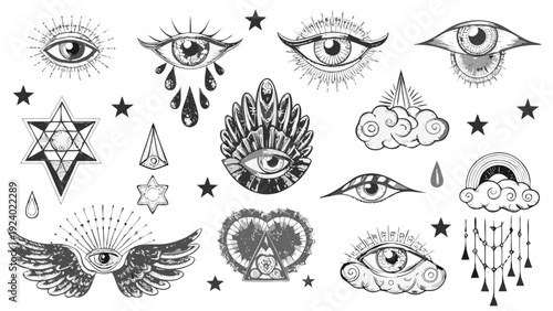 Mystical collection of illustrated eyes stars and celestial symbols