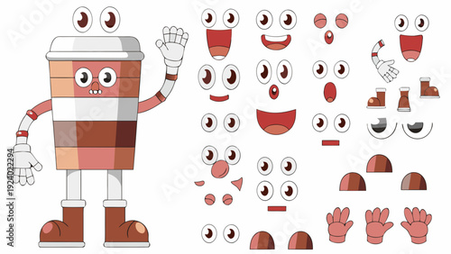 Animated coffee cup character with disassembled facial features and limbs