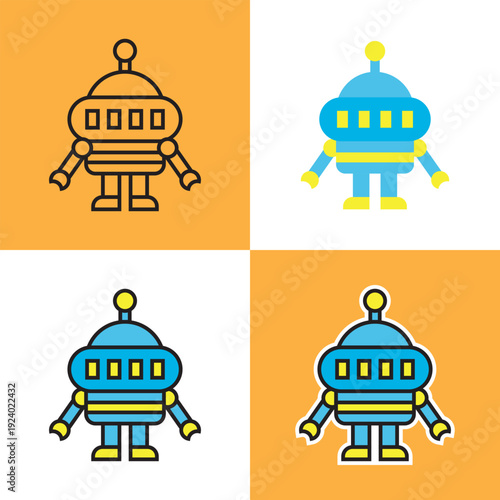 Robot Character Set with Line, Flat and Sticker Styles