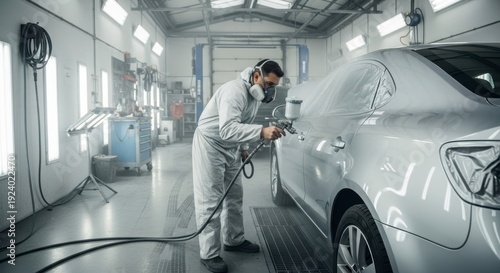 Mechanic in protective gear spray painting a silver car in a modern garage
