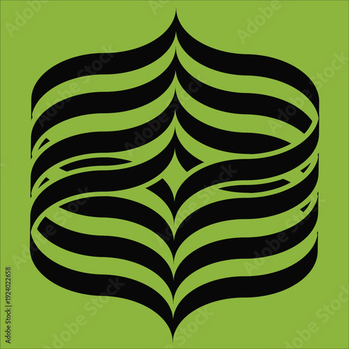 A clean, high-contrast vector illustration featuring mirrored, curved black bands forming a ribcage or layered leaf structure on a solid green background. The design is centered and symmetrical.