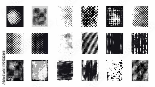 Collection of various black and white distressed texture square samples