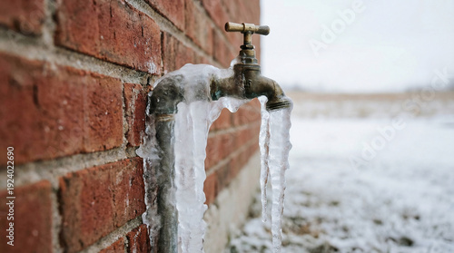 Vintage outdoor faucet on red brick wall with thick ice buildup and long frozen icicle below on neutral winter background with soft diffused light.