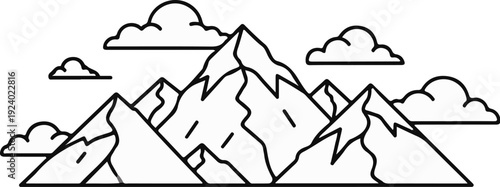 Stylized mountain peaks and fluffy clouds in a simple outline drawing