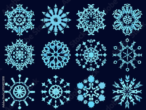 A collection of detailed light blue snowflake illustrations against a dark background