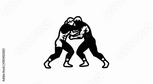 Two wrestlers locked in a struggle, stylized black and white illustration