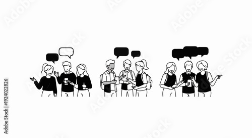 Stylized line drawing of diverse groups of people in conversation, with speech bubbles