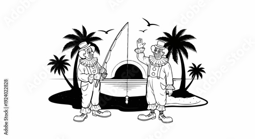 Two clowns fishing on a tropical island with palm trees and birds flying